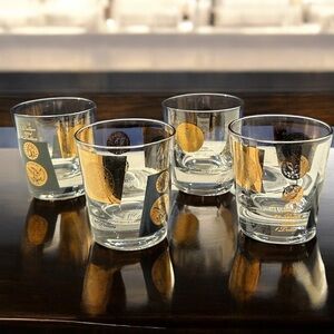 Cera Vintage Mid-Century Modern 22k Gold Black Coin Dot Lowball Whiskey Glasses
